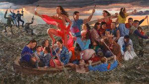 Image: Kent Monkman (b. 1965), Study for “mistikôsiwak (Wooden Boat People): Resurgence of the People,” (Final Variation), 2019, acrylic on canvas, 107.3 x 213.4 cm, Collection of the Sobey Art Foundation, © Kent Monkman.