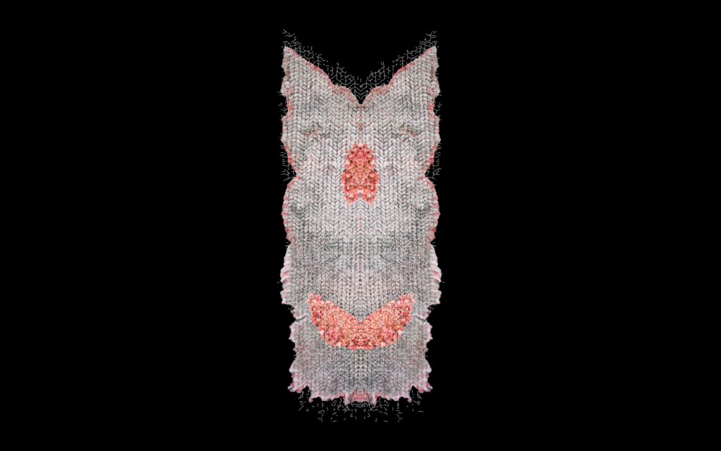 An animation still of a textile fishy body floats within a digitally illustrated net.