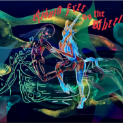 The Powers (Jessica Mensch, Emily Pelstring, Katherine Kline), Riding Free on the Wheels of Love, digital collage printed on satin, 2026, photo by Jessica Mensch, a unicorn and skeleton riding on a motorcycle through a forest in the evening