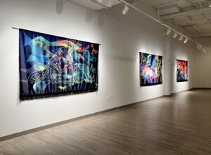 Gallery wall taken of the exhibition Hot Pursuit (The Fabled Chase), CBU Art Gallery, photo by Jessica Mensch