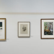 L to R: Leonard Paul, North River (2025), watercolour on paper; Elder (n.d.), lithograph on paper; Magic Flute (2022), watercolour on paper; Blue Jay (2020), oil on paper. Image courtesy of NSCAD Treaty Space Gallery. Photo: Jair Armstrong.