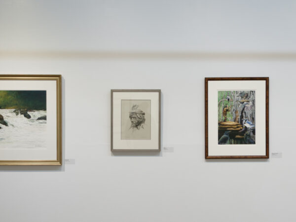 L to R: Leonard Paul, North River (2025), watercolour on paper; Elder (n.d.), lithograph on paper; Magic Flute (2022), watercolour on paper; Blue Jay (2020), oil on paper. Image courtesy of NSCAD Treaty Space Gallery. Photo: Jair Armstrong.