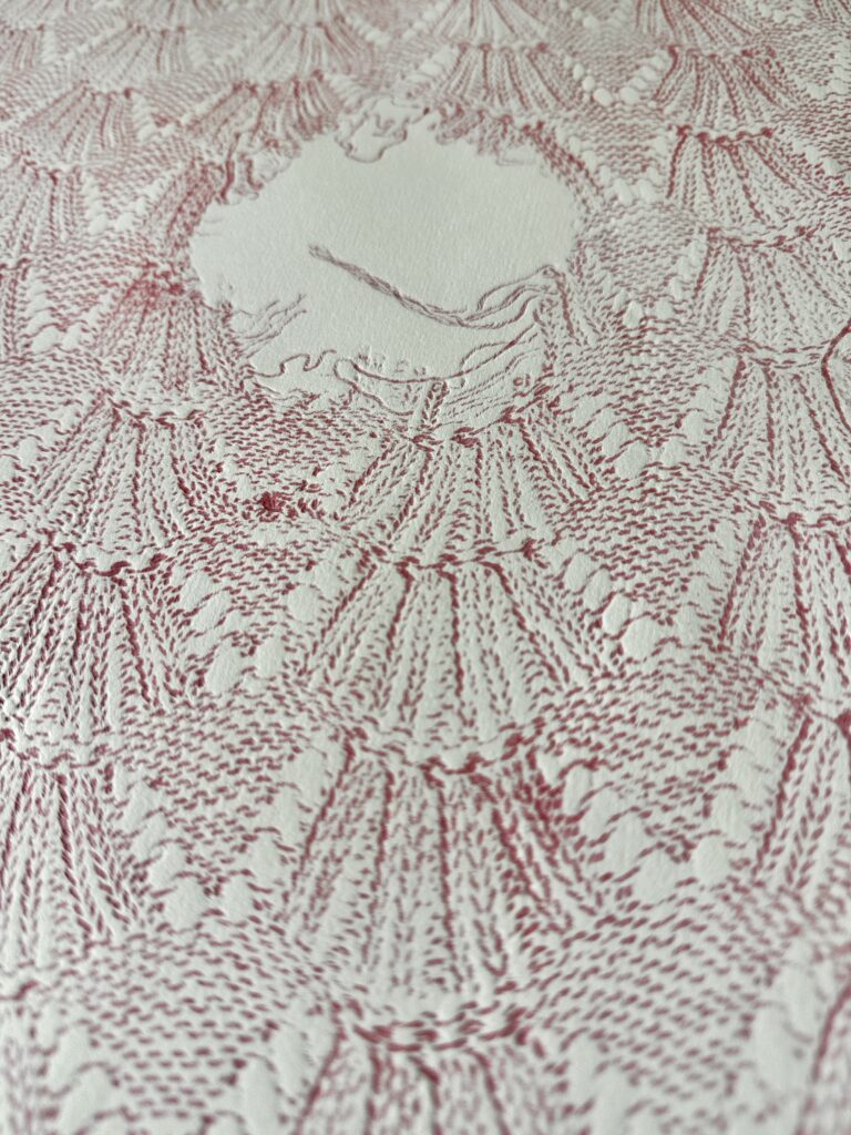 Julie Rosvall, Mrs. Trask's Skirt #1—Rhubarb, 2025 (detail). Textile relief print on cotton rag paper.
